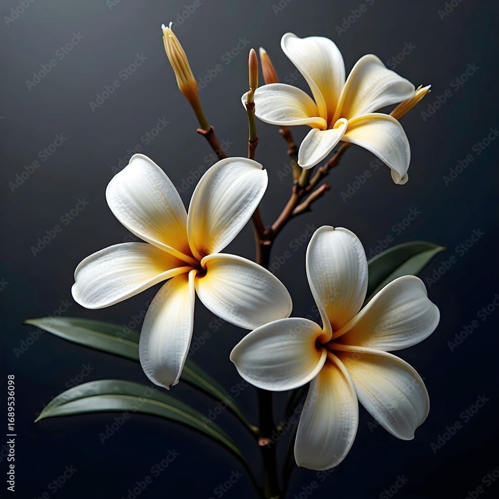 Fototapeta premium Frangipani blossoms on black background.