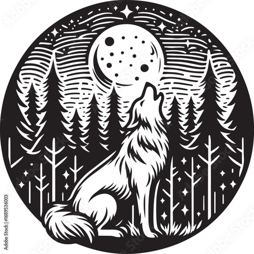 Majestic Wolf Howling at the Full Moon Under a Starry Night Sky in a Dense Forest