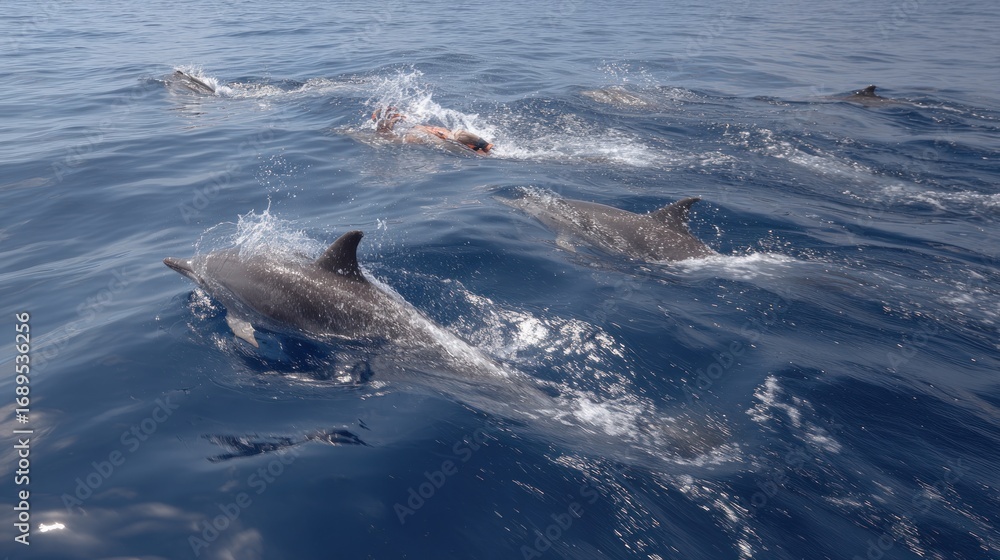 Obraz premium Dolphins swimming with people