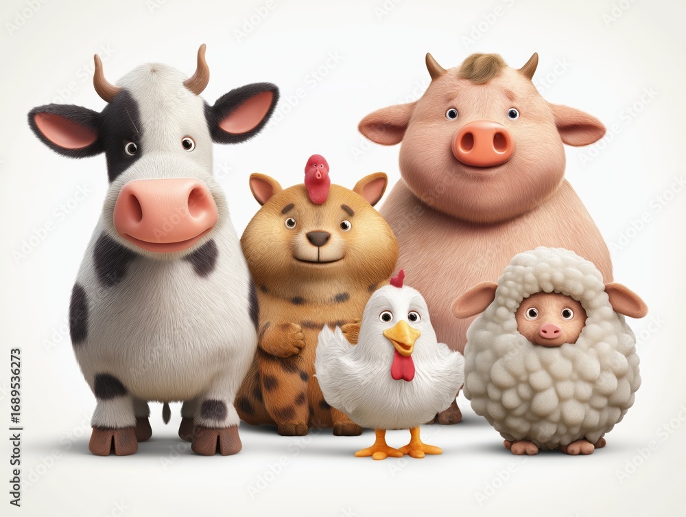 Naklejka premium Adorable cartoon farm animals including a cow, pig, sheep, chicken, and bear cub create a joyful, whimsical scene.
