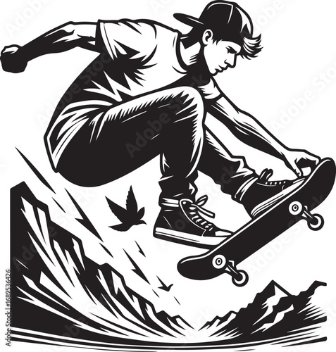 Young Skateboarder Performs Dynamic Aerial Trick Over Mountainous Terrain