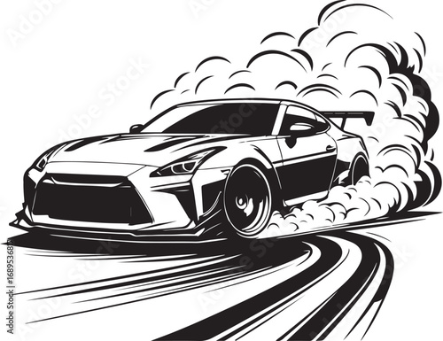 Sporty car performing a burnout with thick smoke billowing around it