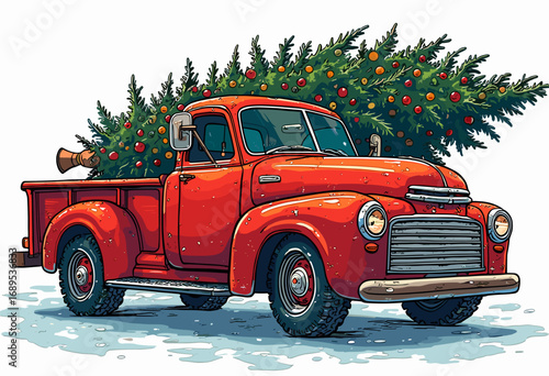 Red truck carrying a Christmas tree with colorful ornaments in a snowy winter scene
