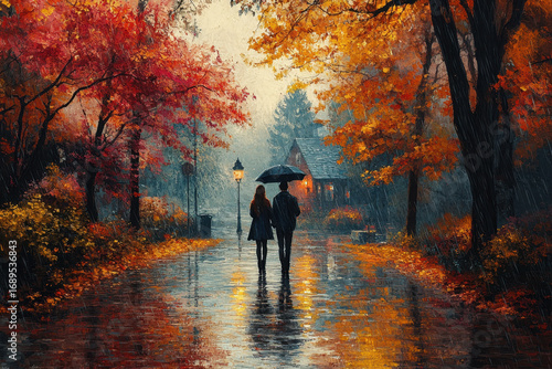 Person walking in the rain in a painting.