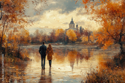 Couple walking through river in painting.