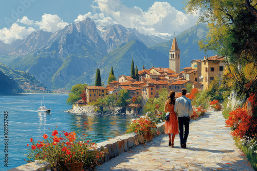 Couple walking along a lake in a painting.