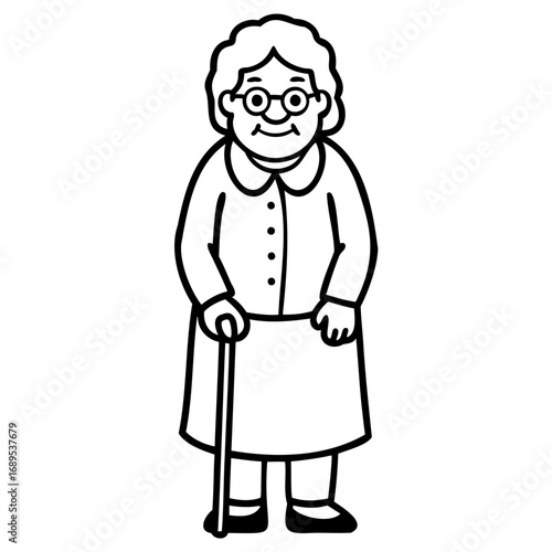 Elderly woman with cane and glasses standing illustration