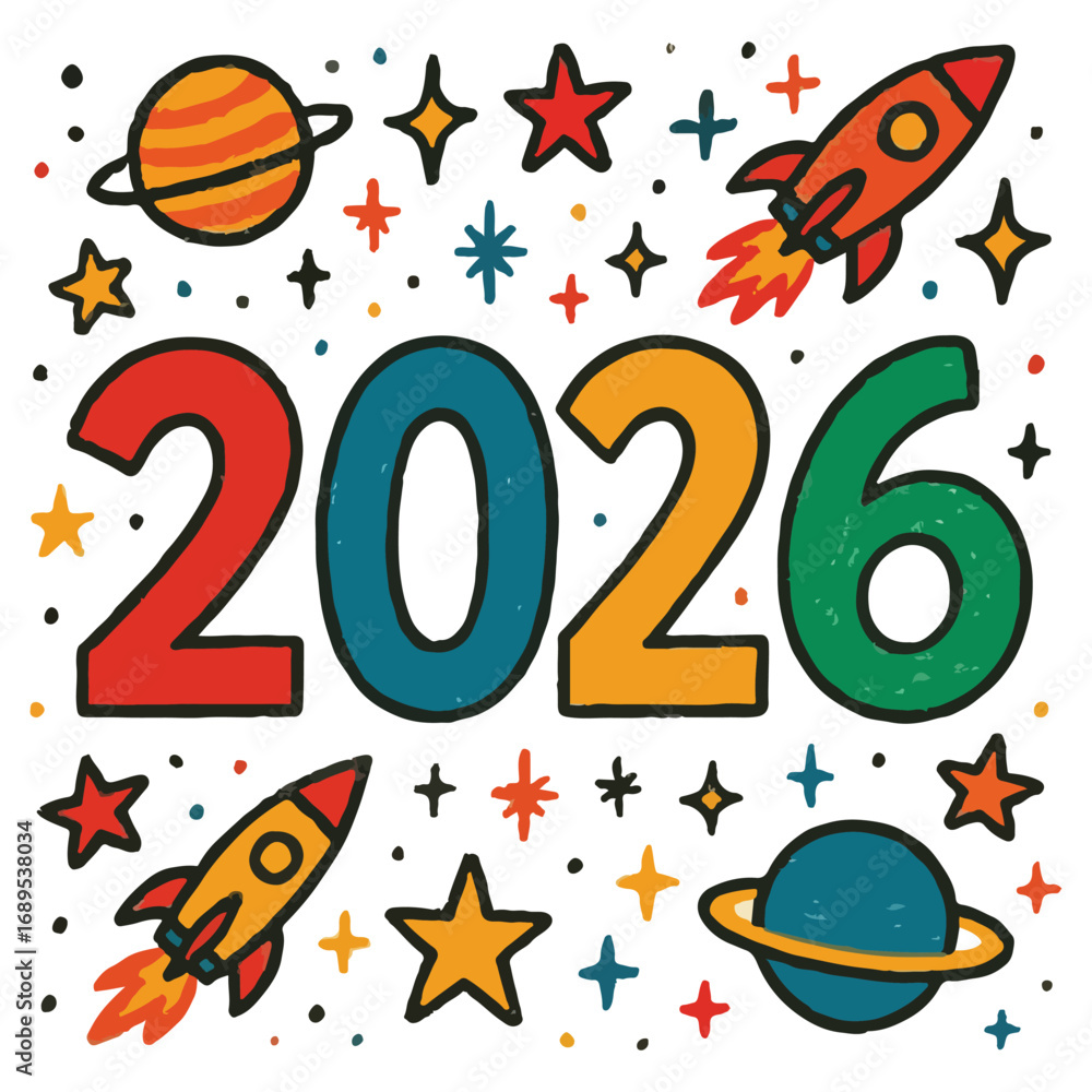 Naklejka premium 2026 Typography Illustration with Stars and Planets in Playful Hand Drawn Doodle Style