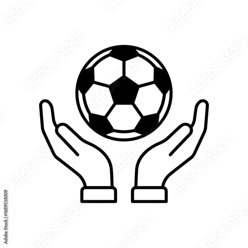 Soccer ball held by two hands in a minimalist design on a transparent background