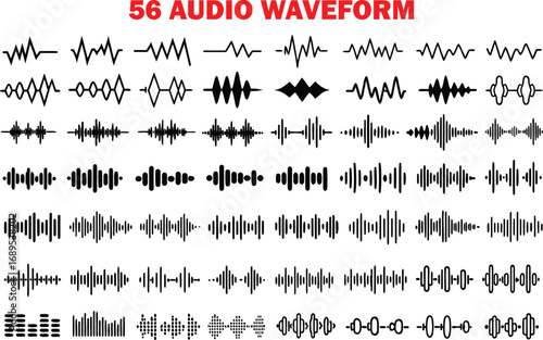 56 Audio Waveform Vector Icons | Monochrome Sound Waves & Frequency Graphics | Ideal for Music Visuals, Podcasts, Audio Editing, Radio Interfaces, Voice Apps, and Studio Projects