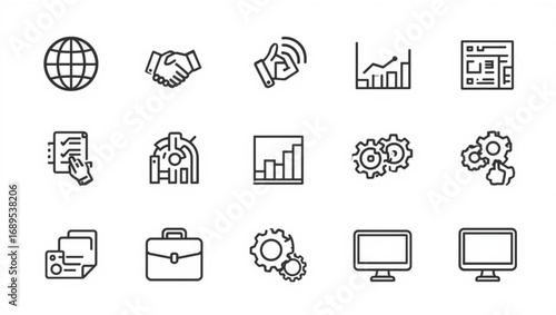 Business and technology icons on white background globe