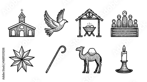 Vector set of Christmas icons: church, dove, nativity scene, choir, star, shepherd staff, camel and candle.
