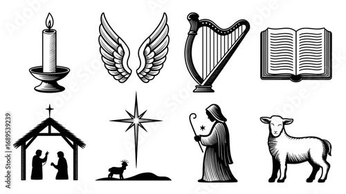 Vector set of Christmas icons: candle, angel wings, harp, Bible, nativity scene, star, shepherd and lamb.
