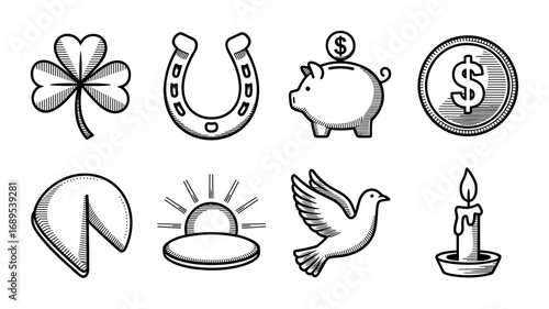 Vector set of symbolic icons: four-leaf clover, horseshoe, piggy bank, coin, fortune cookie, sunrise, dove and candle.
