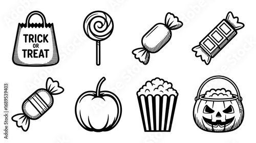 Vector set of Halloween candy icons: treat bag, lollipop, chocolate bar, pumpkin and popcorn.
