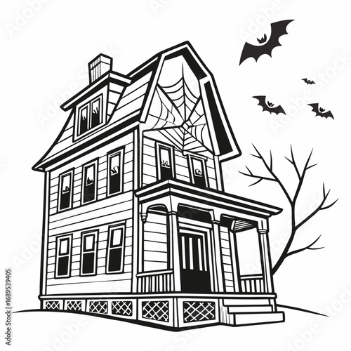 Halloween haunted house with bats, black and white coloring outline