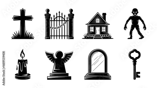 Vector set of Halloween icons: cross, cemetery gate, haunted house, zombie, candle, angel, tombstone and key.
