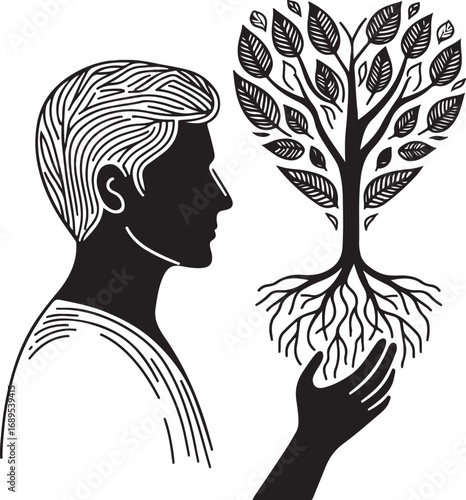 Man Nurturing A Heart Shaped Tree Of Life With Strong Roots Growing From His Hand