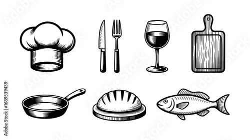 Vector set of cooking icons: chef hat, knife and fork, wine glass, fish, pie, pan and board.
