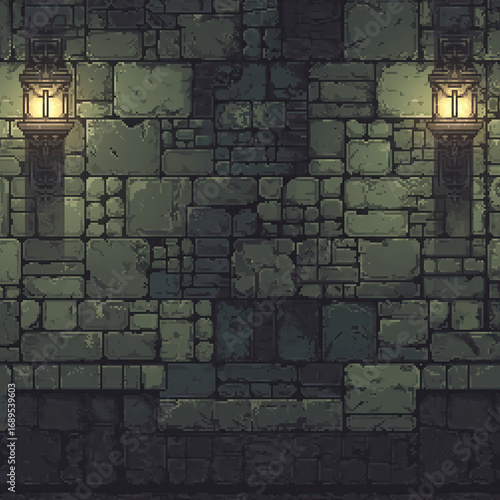 Interior Dungeon Wall and Floor Retro Side-scrolling Video Game Background, Vintage Fantasy Gaming Backdrop Asset