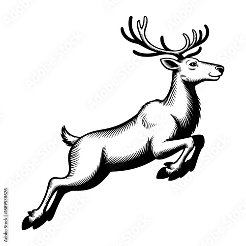 Leaping reindeer in black and white comic style, Christmas vector icon.
