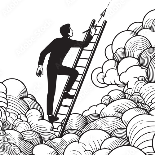 Man Climbs Ladder Reaching For The Sky With Drawing Tool Among Clouds