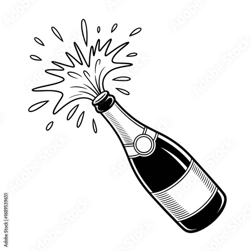 Popping champagne bottle with splash in black and white comic style, vector icon.

