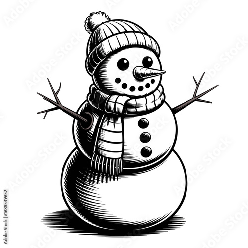 Snowman with hat and scarf in black and white style, winter vector icon.
