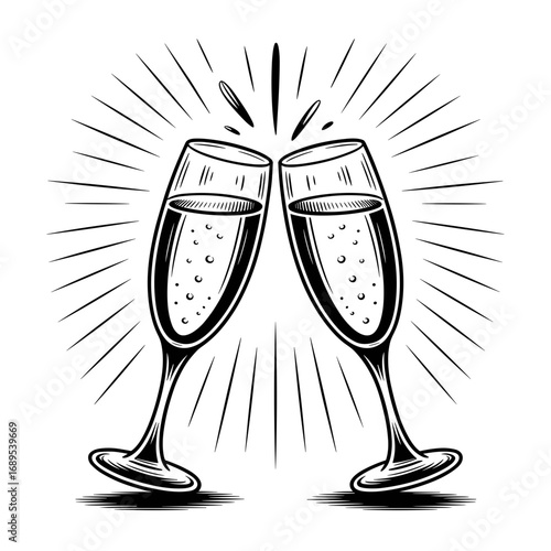 Two champagne glasses clinking with sparkling drink in black and white style, vector icon.
