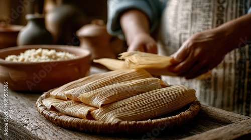 vintage tamales photography, authentic homemade tamales being unwrapped in a rustic kitchen, captured with vintage print aesthetics in warm sepia tones