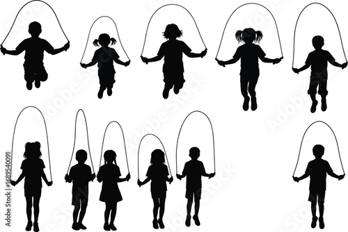 Silhouette of children jumping rope, kids playing outdoors, active childhood fun, group skipping rope, energetic kids, healthy lifestyle activity, joyful playtime