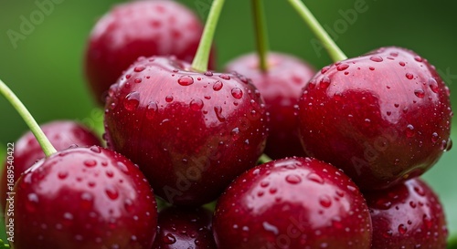 Fresh Cherries with Water Droplets.