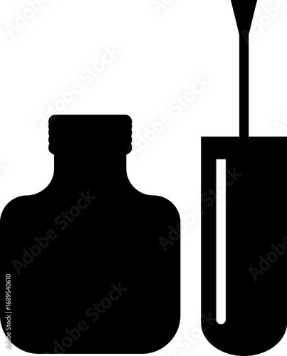 Nail polish bottle and brush icon black solid silhouette style, beauty cosmetics container group, manicure equipment collection, flat minimal vector illustration design