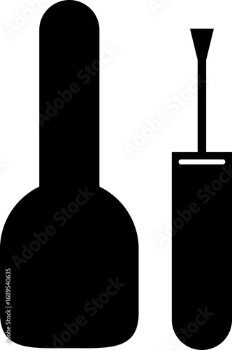 Nail polish bottle and brush icon black solid silhouette style, beauty cosmetics container group, manicure equipment collection, flat minimal vector illustration design