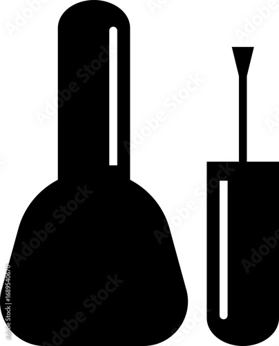 Nail polish bottle and brush icon black solid silhouette style, beauty cosmetics container group, manicure equipment collection, flat minimal vector illustration design