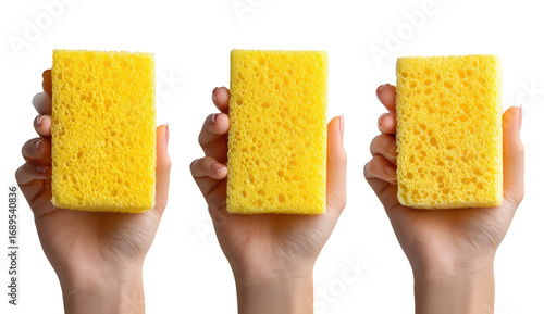 Three hands hold rectangular yellow cleaning sponges