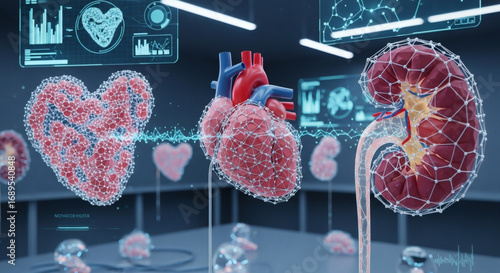 Futuristic holographic display showcasing detailed 3D models of a human heart and kidney with medical data visualizations in a laboratory setting.
