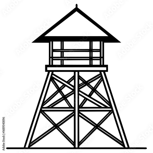 Wooden observation tower structure with stairs and roof