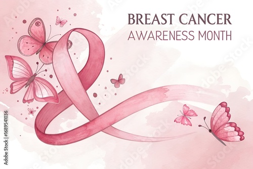 Watercolor Breast Cancer Awareness Month Ribbon with Butterflies on Pink Background