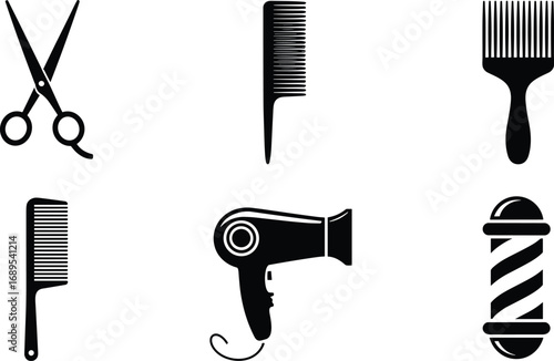 Barber tools icons including scissors, combs, hair dryer, barber pole, haircut equipment, styling tools, grooming, hair care, beauty salon essentials.