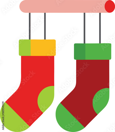 Two Christmas Stockings Hanging from a Wooden Rod Holiday Decoration Illustration