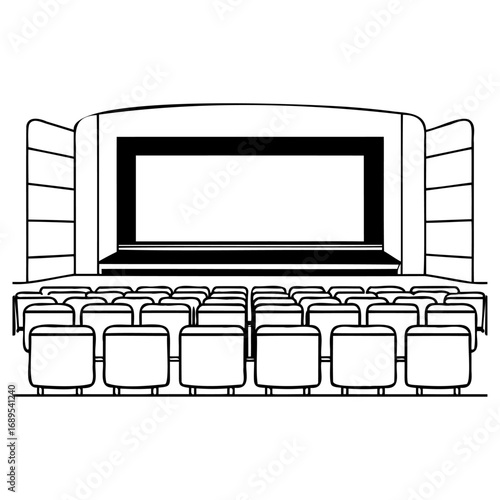 Minimalist black and white theater interior with empty seats and screen
