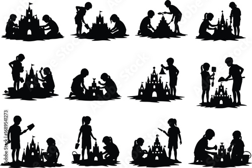 Silhouettes of children building intricate sandcastles together, kids playing on the beach, creative teamwork, outdoor summer fun, family bonding moments