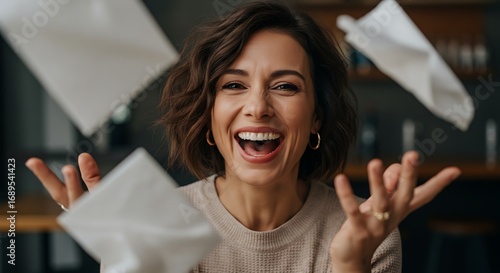 Joyful woman celebrating with papers in the air.