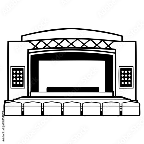 Black and white line drawing of theater stage with seats and curtain