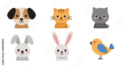 A charming collection of cute cartoon pet heads. Vector graphic set featuring flat design illustrations of a dog, cat, rabbit, and bird