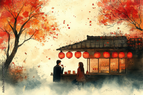 Couple standing in front of building with hanging lanterns.