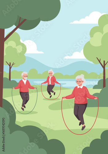 Older adults exercising with jump ropes in a vibrant outdoor park setting