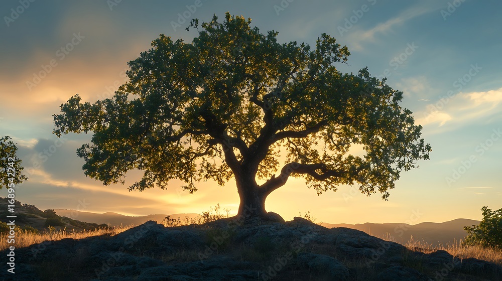 Obraz premium Silhouette of large tree on rocky outcrop against sunset sky branches trunk photo