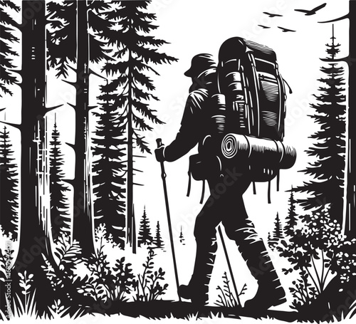 Adventurer trekking through a dense forest with a large backpack
